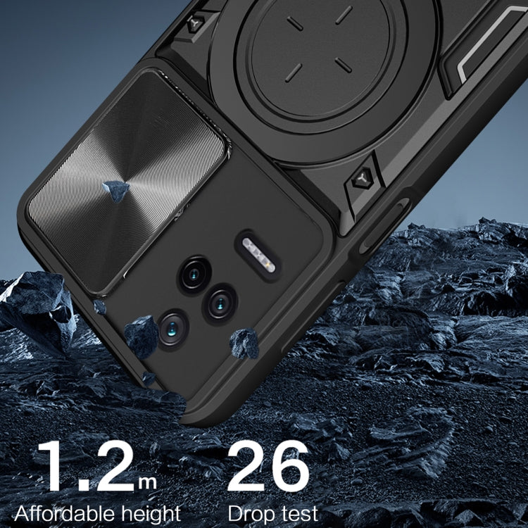 For Xiaomi Redmi K40S / Poco F4 CD Texture Sliding Camshield Magnetic Holder Phone Case(Black) - Xiaomi Cases by PMC TechLife | Online Shopping South Africa | PMC TechLife | Buy Now Pay Later Mobicred
