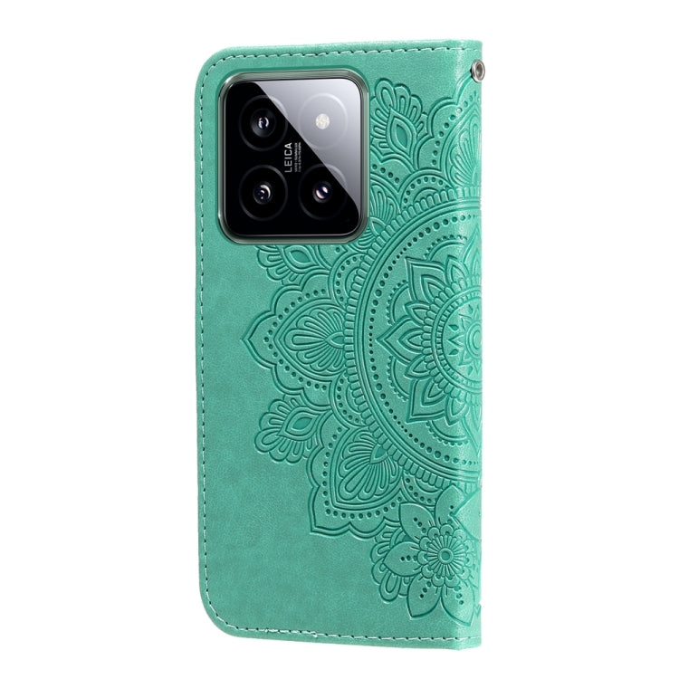 For Xiaomi 14 7-petal Flowers Embossing Leather Phone Case(Green) - 14 Cases by PMC TechLife | Online Shopping South Africa | PMC TechLife | Buy Now Pay Later Mobicred