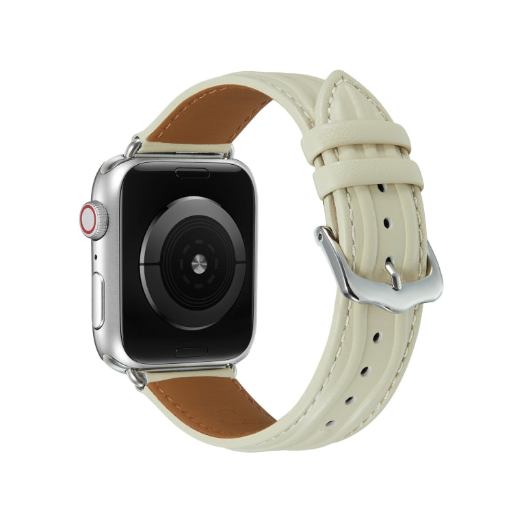 Embossed Line Genuine Leather Watch Band For Apple Watch Ultra 2 49mm(Milky White) - Watch Bands by PMC TechLife | Online Shopping South Africa | PMC TechLife | Buy Now Pay Later Mobicred