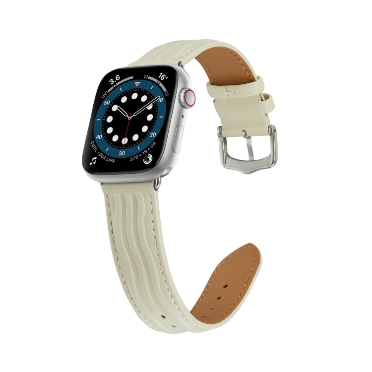 Embossed Line Genuine Leather Watch Band For Apple Watch Ultra 2 49mm(Milky White) - Watch Bands by PMC TechLife | Online Shopping South Africa | PMC TechLife | Buy Now Pay Later Mobicred