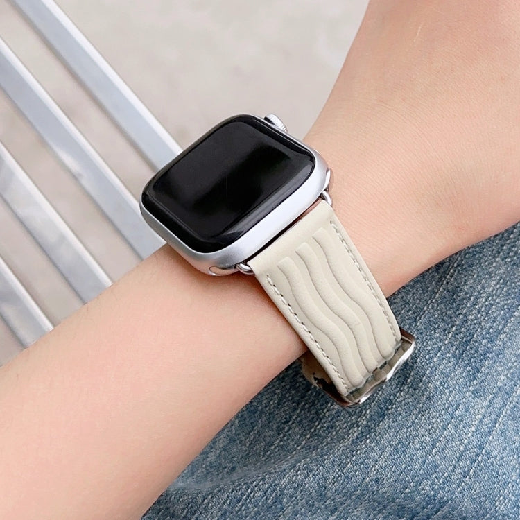 Embossed Line Genuine Leather Watch Band For Apple Watch Ultra 2 49mm(Milky White) - Watch Bands by PMC TechLife | Online Shopping South Africa | PMC TechLife | Buy Now Pay Later Mobicred