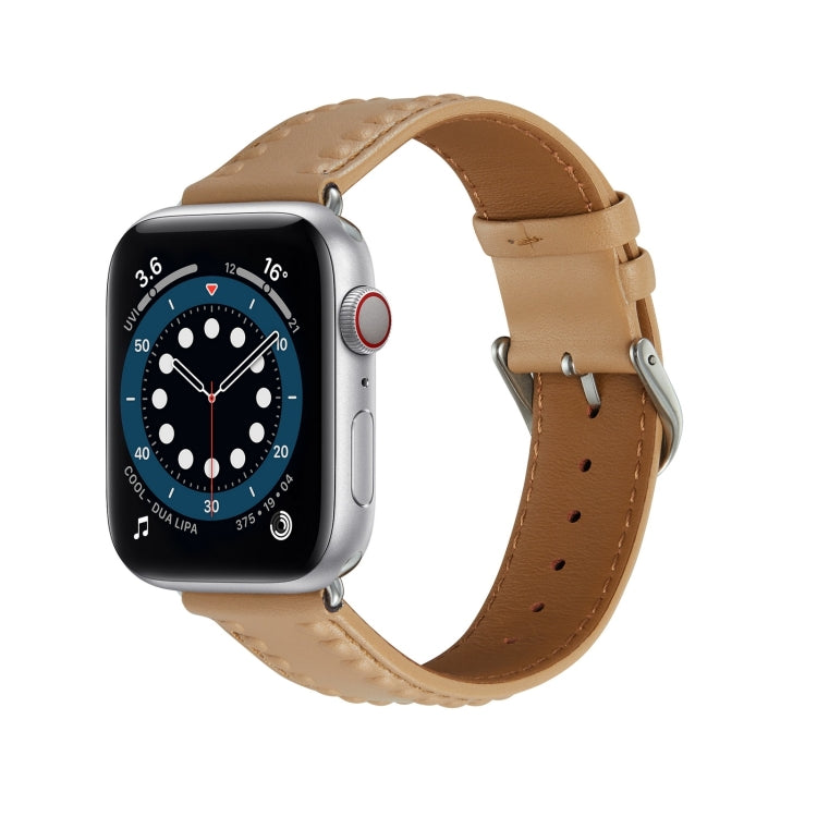 Embossed Love Genuine Leather Watch Band For Apple Watch SE 2023 40mm(Khaki) - Watch Bands by PMC TechLife | Online Shopping South Africa | PMC TechLife