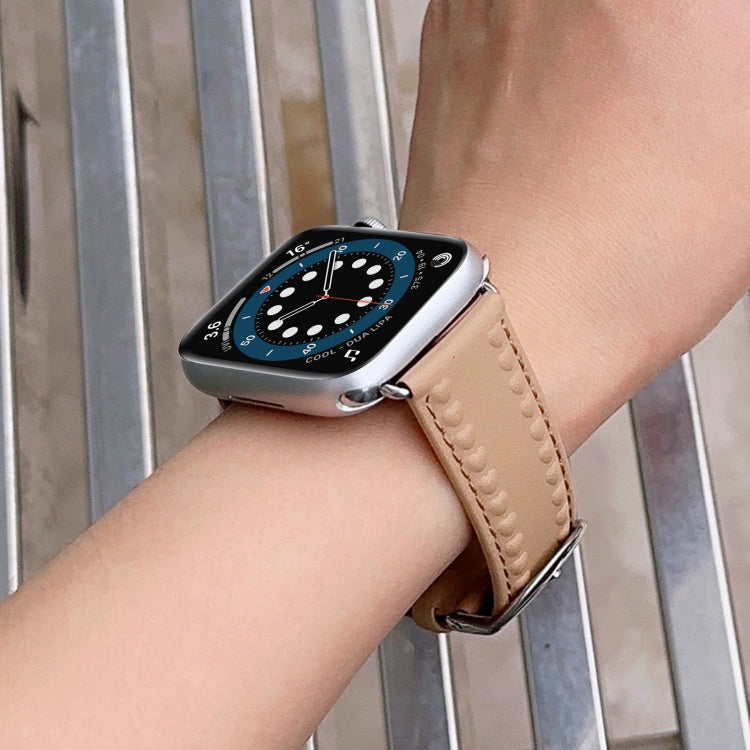 Embossed Love Genuine Leather Watch Band For Apple Watch SE 2023 40mm(Khaki) - Watch Bands by PMC TechLife | Online Shopping South Africa | PMC TechLife