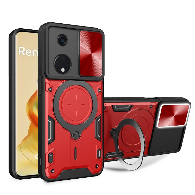For OPPO Reno8 T 5G CD Texture Sliding Camshield Magnetic Holder Phone Case(Red) - OPPO Cases by PMC TechLife | Online Shopping South Africa | PMC TechLife | Buy Now Pay Later Mobicred
