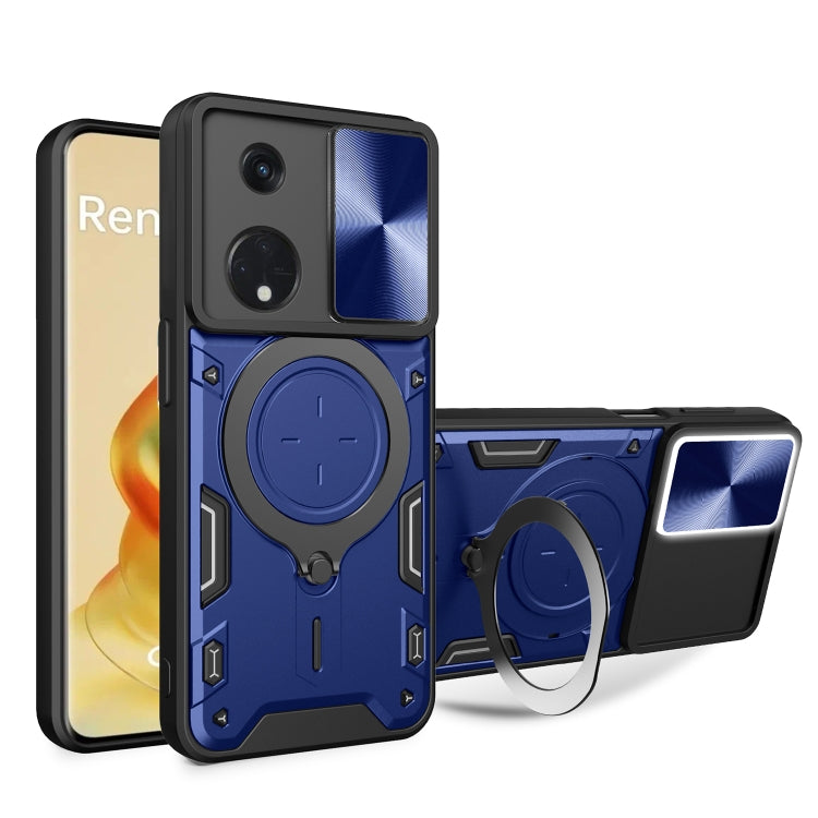 For OPPO Reno8 T 5G CD Texture Sliding Camshield Magnetic Holder Phone Case(Blue) - OPPO Cases by PMC TechLife | Online Shopping South Africa | PMC TechLife | Buy Now Pay Later Mobicred