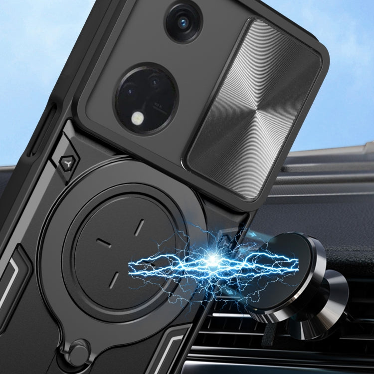 For OPPO Reno8 T 5G CD Texture Sliding Camshield Magnetic Holder Phone Case(Blue) - OPPO Cases by PMC TechLife | Online Shopping South Africa | PMC TechLife | Buy Now Pay Later Mobicred