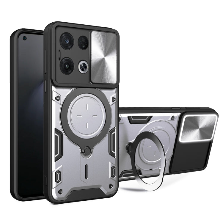 For OPPO Reno8 Pro 5G CD Texture Sliding Camshield Magnetic Holder Phone Case(Silver) - OPPO Cases by PMC TechLife | Online Shopping South Africa | PMC TechLife | Buy Now Pay Later Mobicred