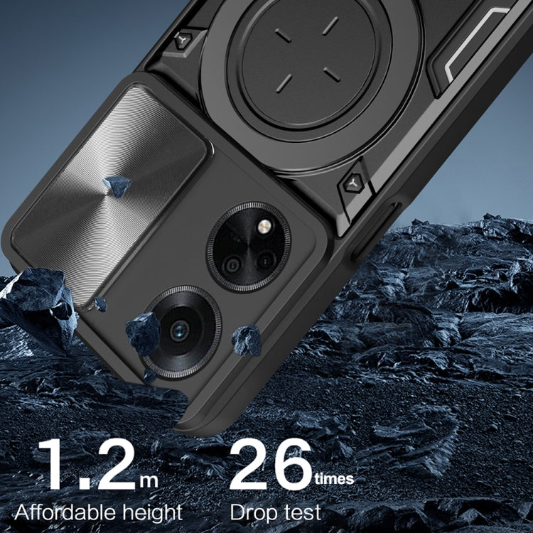 For OPPO F23 5G India / A98 5G / A1 5G CD Texture Sliding Camshield Magnetic Holder Phone Case(Black) - free shipping - PMC TechLife - Order now!
