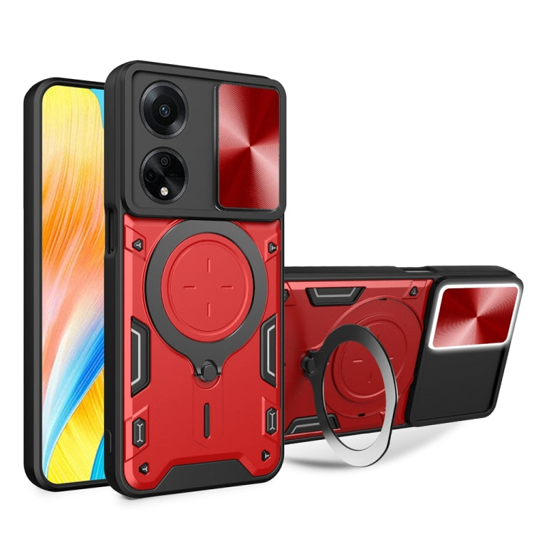 For OPPO F23 5G India / A98 5G / A1 5G CD Texture Sliding Camshield Magnetic Holder Phone Case(Red) - OPPO Cases by PMC TechLife | Online Shopping South Africa | PMC TechLife | Buy Now Pay Later Mobicred