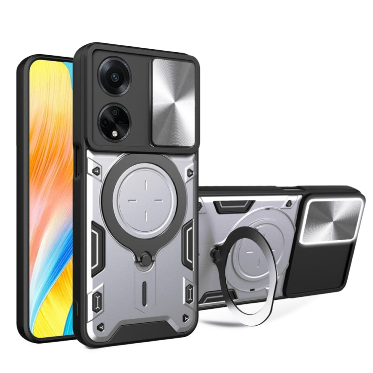 For OPPO F23 5G India / A98 5G / A1 5G CD Texture Sliding Camshield Magnetic Holder Phone Case(Silver) - OPPO Cases by PMC TechLife | Online Shopping South Africa | PMC TechLife | Buy Now Pay Later Mobicred