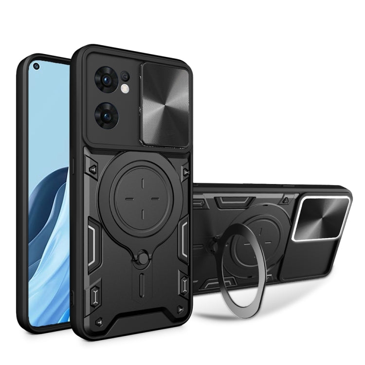 For OPPO Reno7 5G CD Texture Sliding Camshield Magnetic Holder Phone Case(Black) - free shipping - PMC TechLife - Order now!