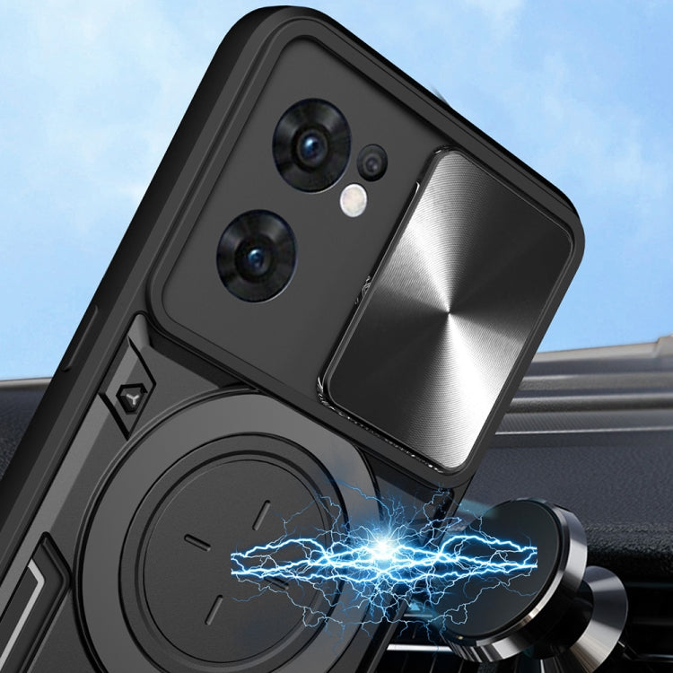 For OPPO Reno7 5G CD Texture Sliding Camshield Magnetic Holder Phone Case(Silver) - OPPO Cases by PMC TechLife | Online Shopping South Africa | PMC TechLife | Buy Now Pay Later Mobicred