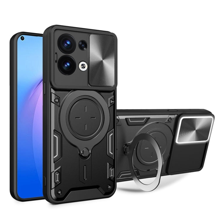 For OPPO Reno8 5G CD Texture Sliding Camshield Magnetic Holder Phone Case(Black) - OPPO Cases by PMC TechLife | Online Shopping South Africa | PMC TechLife | Buy Now Pay Later Mobicred