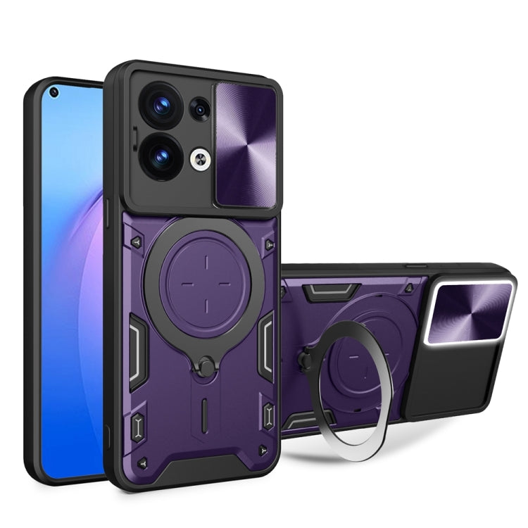 For OPPO Reno8 5G CD Texture Sliding Camshield Magnetic Holder Phone Case(Purple) - OPPO Cases by PMC TechLife | Online Shopping South Africa | PMC TechLife | Buy Now Pay Later Mobicred