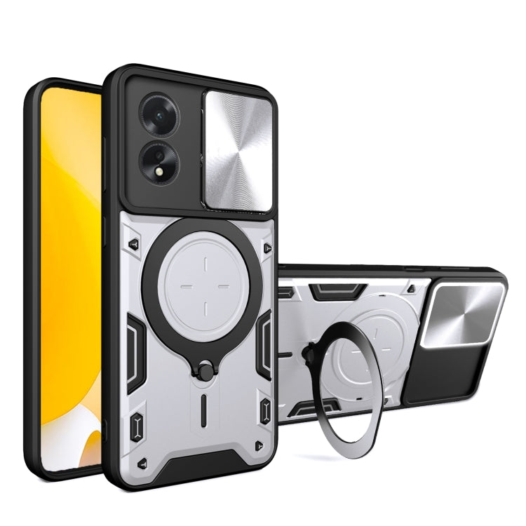 For OPPO A38 4G Global CD Texture Sliding Camshield Magnetic Holder Phone Case(Silver) - A38 Cases by PMC TechLife | Online Shopping South Africa | PMC TechLife | Buy Now Pay Later Mobicred