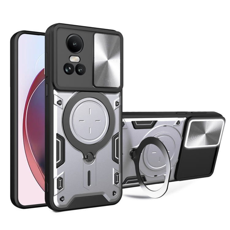 For OPPO Reno10 5G Global CD Texture Sliding Camshield Magnetic Holder Phone Case(Silver) - OPPO Cases by PMC TechLife | Online Shopping South Africa | PMC TechLife | Buy Now Pay Later Mobicred