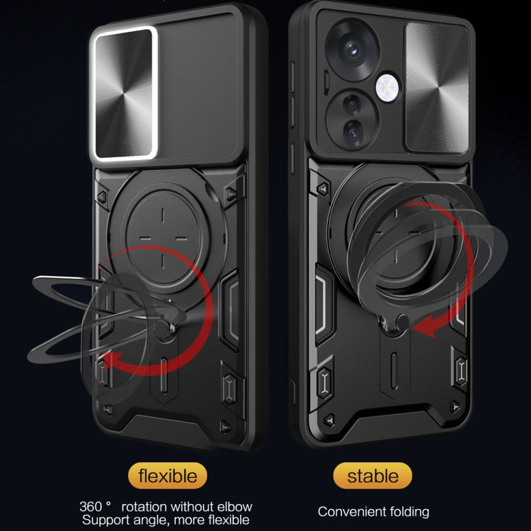 For OPPO Reno11 F 5G Global CD Texture Sliding Camshield Magnetic Holder Phone Case(Silver) - Reno11 F Cases by PMC TechLife | Online Shopping South Africa | PMC TechLife | Buy Now Pay Later Mobicred