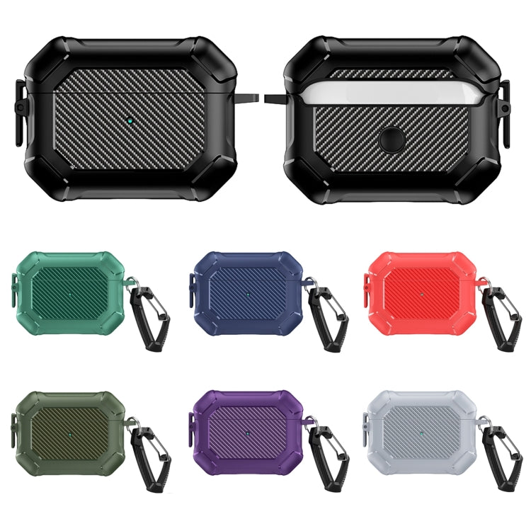 For AirPods Pro 2 Carbon Brazing Dimension TPU+PC Headphone Protective Cover with Switch Lock & Carabiner(Army Green) - For AirPods Pro 2 by PMC Jewellery | Online Shopping South Africa | PMC Jewellery | Buy Now Pay Later Mobicred