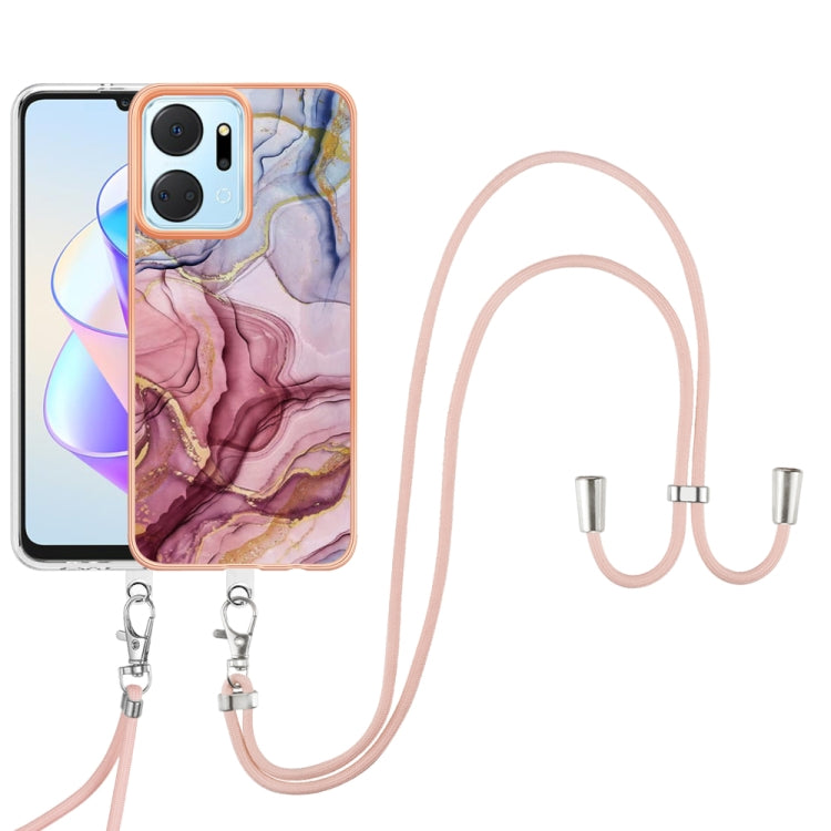 For Honor X7a Electroplating Marble Dual-side IMD Phone Case with Lanyard(Rose Red 014) - Honor Cases by PMC TechLife | Online Shopping South Africa | PMC TechLife | Buy Now Pay Later Mobicred