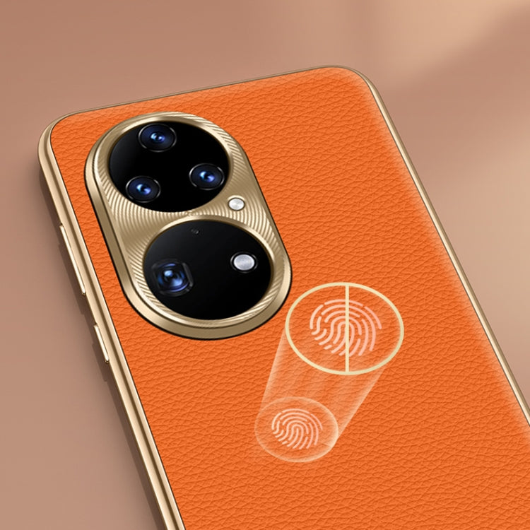 For Huawei Mate 50 Pro Litchi Texture Genuine Leather Phone Case(Orange) - Huawei Cases by PMC TechLife | Online Shopping South Africa | PMC TechLife | Buy Now Pay Later Mobicred