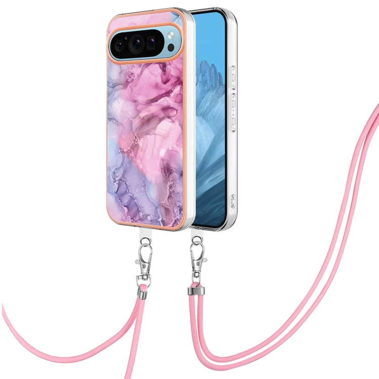 For Google Pixel 9 / 9 Pro Electroplating Marble Dual-side IMD Phone Case with Lanyard(Pink 013) - Google Cases by PMC TechLife | Online Shopping South Africa | PMC TechLife | Buy Now Pay Later Mobicred