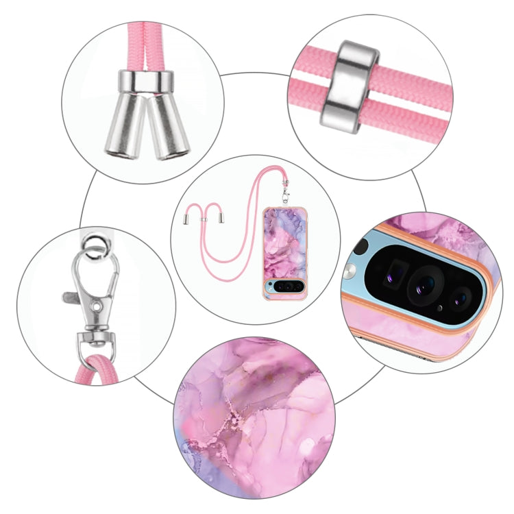 For Google Pixel 9 / 9 Pro Electroplating Marble Dual-side IMD Phone Case with Lanyard(Pink 013) - Google Cases by PMC TechLife | Online Shopping South Africa | PMC TechLife | Buy Now Pay Later Mobicred