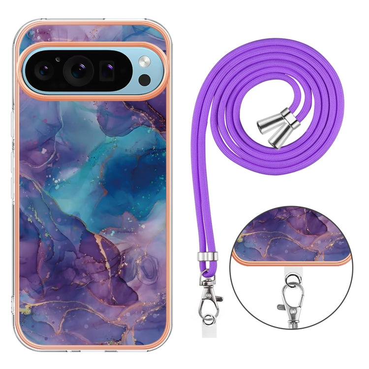 For Google Pixel 9 / 9 Pro Electroplating Marble Dual-side IMD Phone Case with Lanyard(Purple 016) - Google Cases by PMC TechLife | Online Shopping South Africa | PMC TechLife | Buy Now Pay Later Mobicred