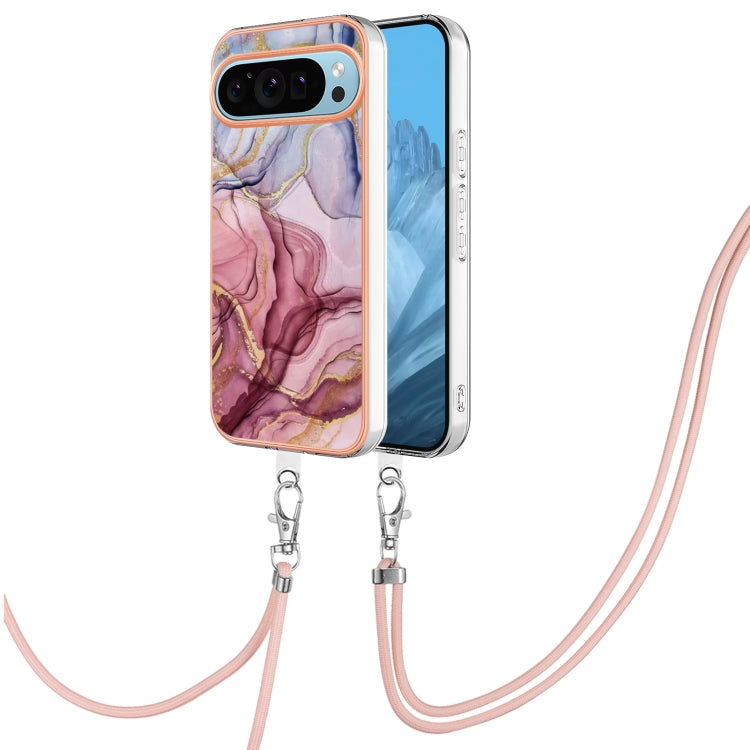 For Google Pixel 9 Pro XL Electroplating Marble Dual-side IMD Phone Case with Lanyard(Rose Red 014) - Google Cases by PMC TechLife | Online Shopping South Africa | PMC TechLife | Buy Now Pay Later Mobicred
