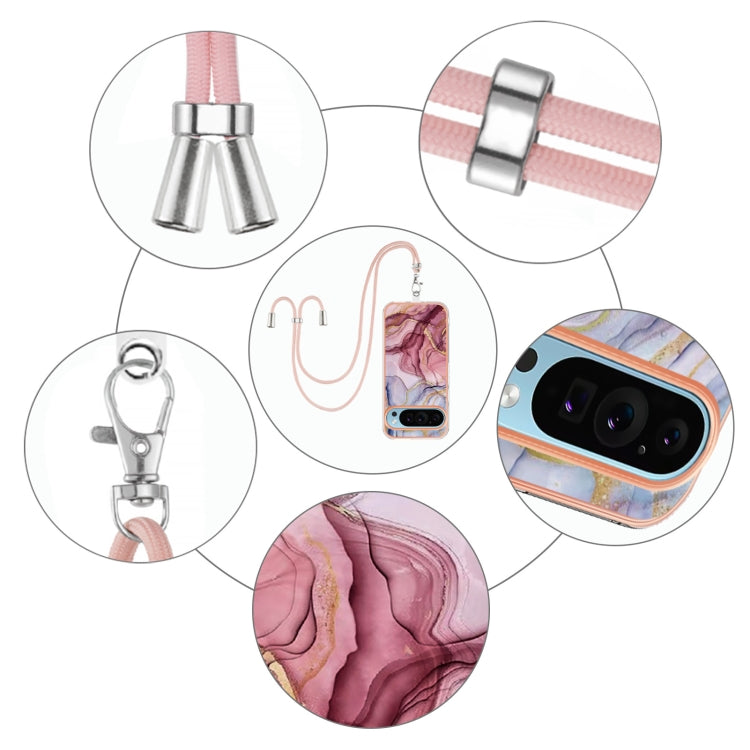For Google Pixel 9 Pro XL Electroplating Marble Dual-side IMD Phone Case with Lanyard(Rose Red 014) - Google Cases by PMC TechLife | Online Shopping South Africa | PMC TechLife | Buy Now Pay Later Mobicred