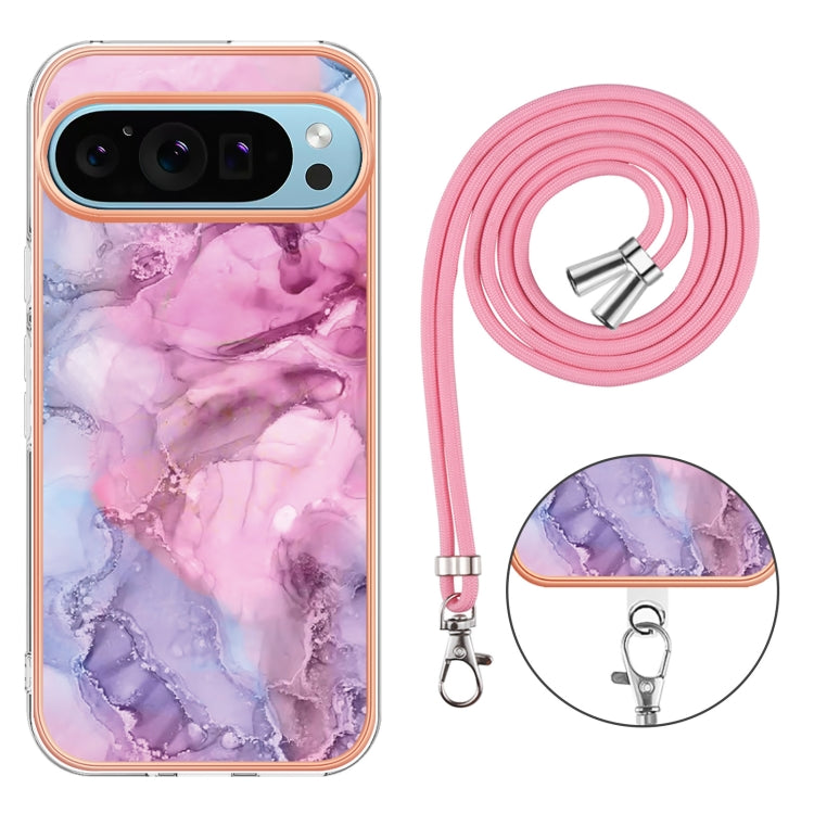 For Google Pixel 9 Pro XL Electroplating Marble Dual-side IMD Phone Case with Lanyard(Pink 013) - Google Cases by PMC TechLife | Online Shopping South Africa | PMC TechLife | Buy Now Pay Later Mobicred