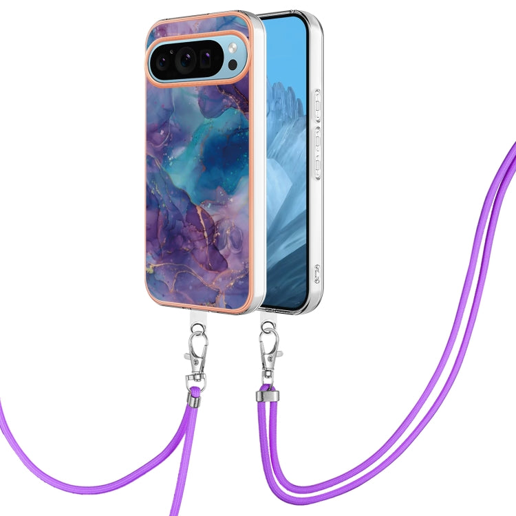 For Google Pixel 9 Pro XL Electroplating Marble Dual-side IMD Phone Case with Lanyard(Purple 016) - Google Cases by PMC TechLife | Online Shopping South Africa | PMC TechLife | Buy Now Pay Later Mobicred