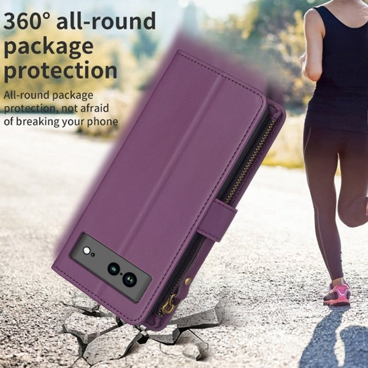 For Google Pixel 7a 9 Card Slots Zipper Wallet Leather Flip Phone Case(Dark Purple) - Google Cases by PMC TechLife | Online Shopping South Africa | PMC TechLife | Buy Now Pay Later Mobicred