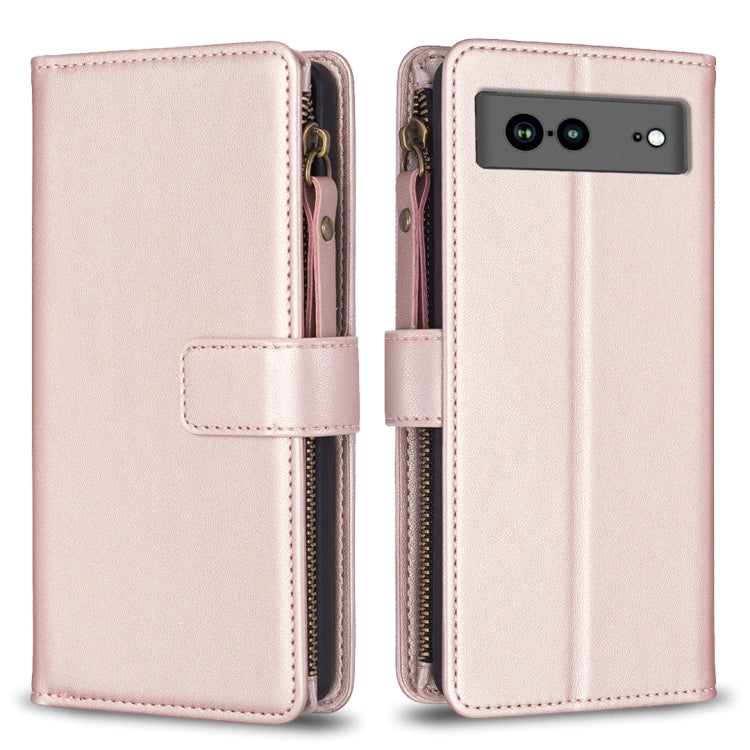 For Google Pixel 7a 9 Card Slots Zipper Wallet Leather Flip Phone Case(Rose Gold) - Google Cases by PMC TechLife | Online Shopping South Africa | PMC TechLife | Buy Now Pay Later Mobicred
