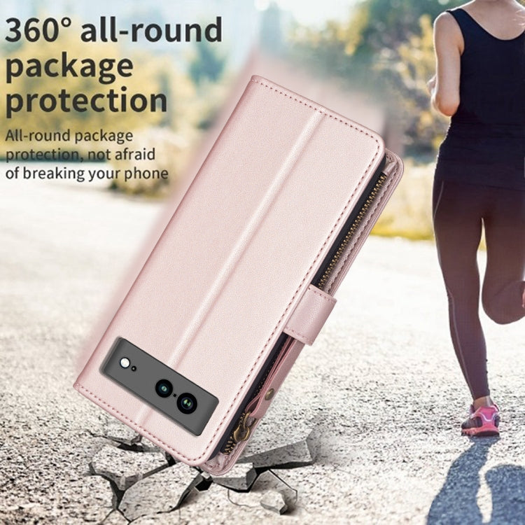 For Google Pixel 7a 9 Card Slots Zipper Wallet Leather Flip Phone Case(Rose Gold) - Google Cases by PMC TechLife | Online Shopping South Africa | PMC TechLife | Buy Now Pay Later Mobicred