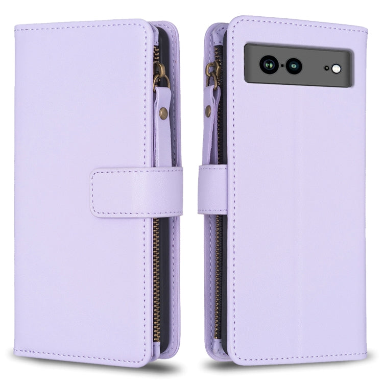 For Google Pixel 7a 9 Card Slots Zipper Wallet Leather Flip Phone Case(Light Purple) - Google Cases by PMC TechLife | Online Shopping South Africa | PMC TechLife | Buy Now Pay Later Mobicred