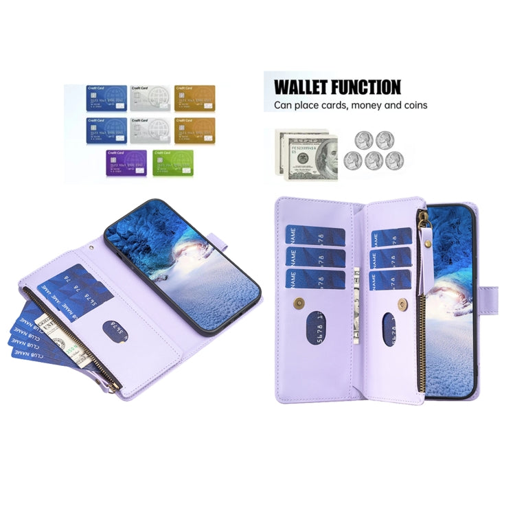 For iPhone 16 Pro 9 Card Slots Zipper Wallet Leather Flip Phone Case(Light Purple) - iPhone 16 Pro Cases by PMC TechLife | Online Shopping South Africa | PMC TechLife | Buy Now Pay Later Mobicred