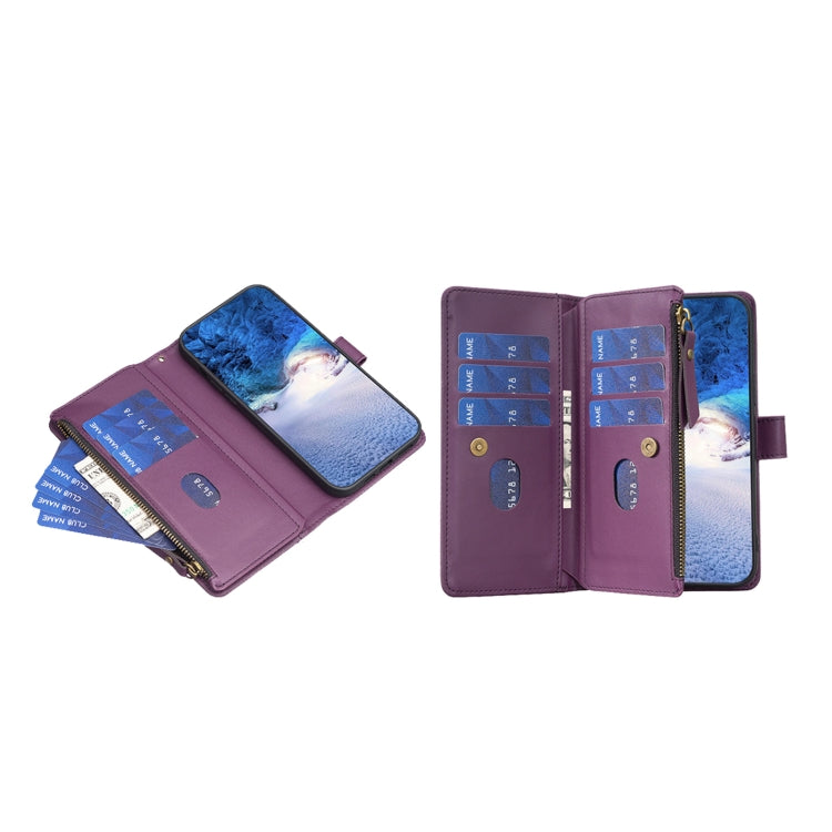 For iPhone 16 9 Card Slots Zipper Wallet Leather Flip Phone Case(Dark Purple) - iPhone 16 Cases by PMC TechLife | Online Shopping South Africa | PMC TechLife | Buy Now Pay Later Mobicred