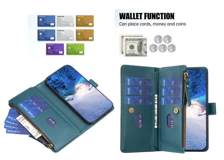 For Xiaomi Redmi Note 13 Pro 4G Global 9 Card Slots Zipper Wallet Leather Flip Phone Case(Green) - Note 13 Pro Cases by PMC TechLife | Online Shopping South Africa | PMC TechLife | Buy Now Pay Later Mobicred