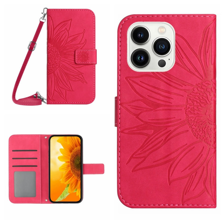 For iPhone 16 Pro Skin Feel Sun Flower Embossed Flip Leather Phone Case with Lanyard(Rose Red) - iPhone 16 Pro Cases by PMC TechLife | Online Shopping South Africa | PMC TechLife | Buy Now Pay Later Mobicred