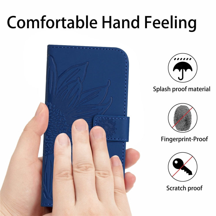 For iPhone 16 Skin Feel Sun Flower Embossed Flip Leather Phone Case with Lanyard(Dark Blue) - iPhone 16 Cases by PMC TechLife | Online Shopping South Africa | PMC TechLife | Buy Now Pay Later Mobicred