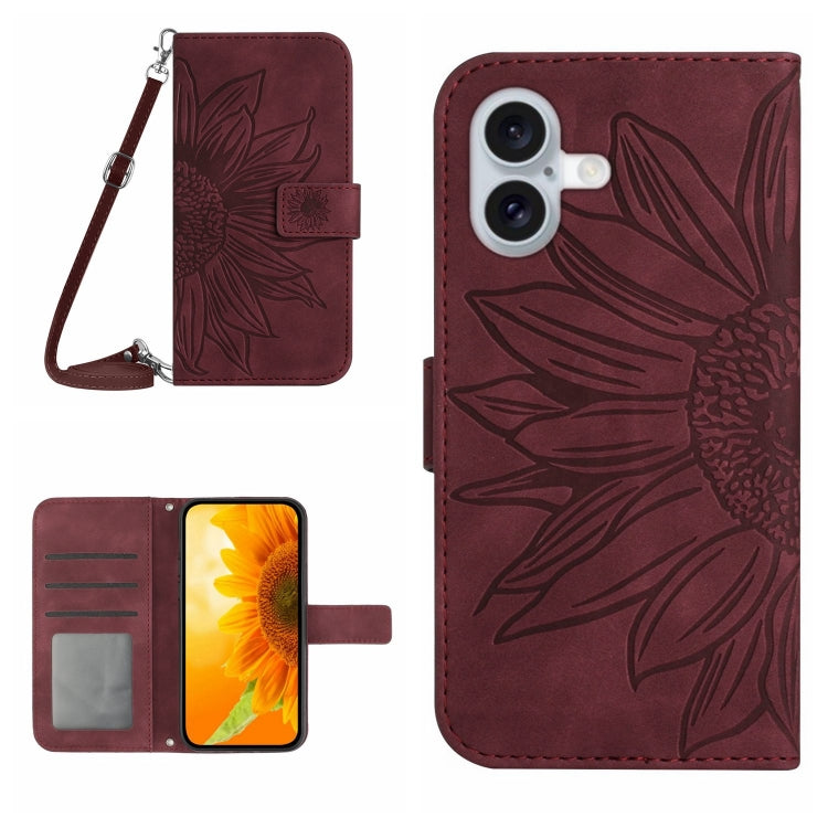 For iPhone 16 Skin Feel Sun Flower Embossed Flip Leather Phone Case with Lanyard(Wine Red) - iPhone 16 Cases by PMC TechLife | Online Shopping South Africa | PMC TechLife | Buy Now Pay Later Mobicred