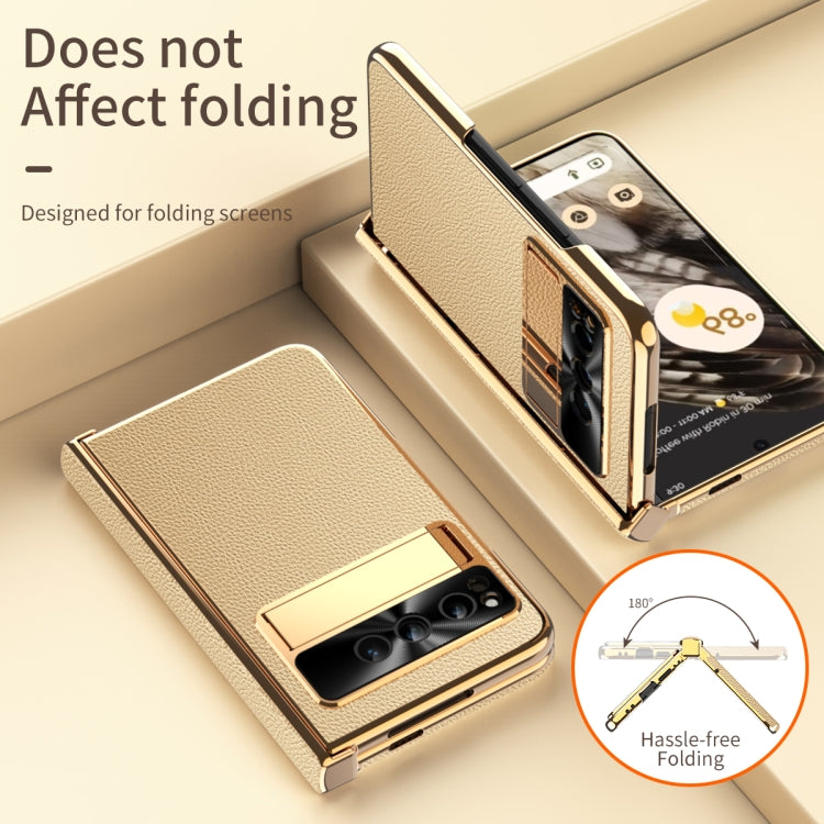 For Google Pixel Fold Litchi Pattern Electroplating Folding Phone Case with Hinge(Gold) - Google Cases by PMC TechLife | Online Shopping South Africa | PMC TechLife | Buy Now Pay Later Mobicred