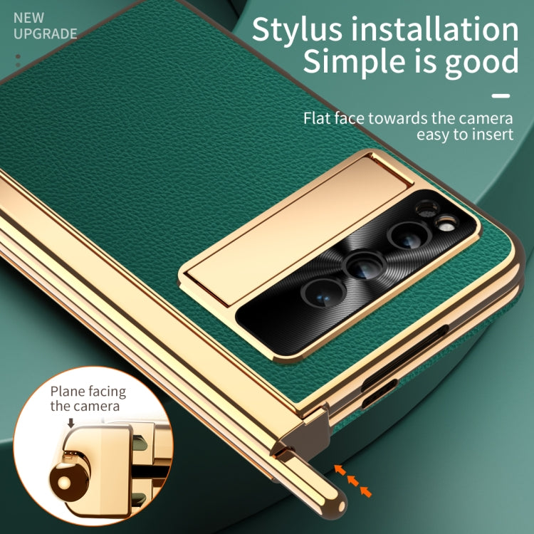 For Google Pixel Fold Litchi Pattern Electroplating Pen Slot Folding Phone Case with Stylus(Green) - Google Cases by PMC TechLife | Online Shopping South Africa | PMC TechLife | Buy Now Pay Later Mobicred