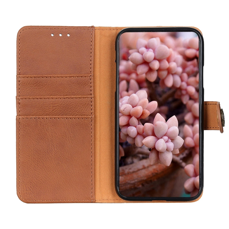 For iPhone 16e KHAZNEH Cowhide Texture Horizontal Flip Leather Phone Case(Brown) - iPhone 16e Cases by PMC TechLife | Online Shopping South Africa | PMC TechLife | Buy Now Pay Later Mobicred