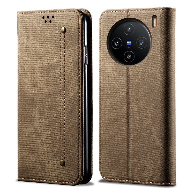 For vivo X100 Pro Denim Texture Flip Leather Phone Case(Khaki) - vivo Cases by imak | Online Shopping South Africa | PMC Jewellery | Buy Now Pay Later Mobicred