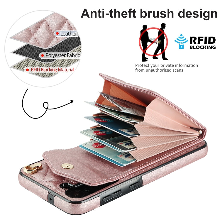 For Samsung Galaxy S24+ 5G Rhombic Texture Card Bag Phone Case with Long Lanyard(Rose Gold) - Galaxy S24+ 5G Cases by PMC TechLife | Online Shopping South Africa | PMC TechLife | Buy Now Pay Later Mobicred