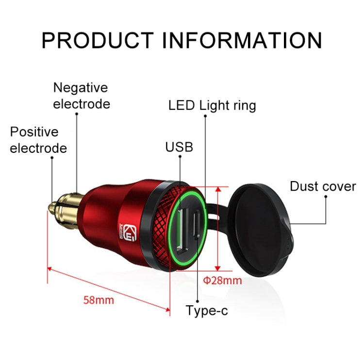 Motorcycle European-style Small-caliber Aluminum Alloy QC 3.0 + PD Fast Charge USB Charger, Shell Color:Red(Blue Light) - Battery Charger by PMC TechLife | Online Shopping South Africa | PMC TechLife | Buy Now Pay Later Mobicred