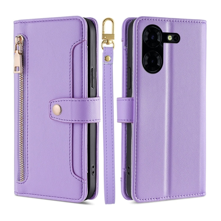For Tecno Pova 5 Pro Sheep Texture Cross-body Zipper Wallet Leather Phone Case(Purple) - Tecno Cases by PMC TechLife | Online Shopping South Africa | PMC TechLife | Buy Now Pay Later Mobicred