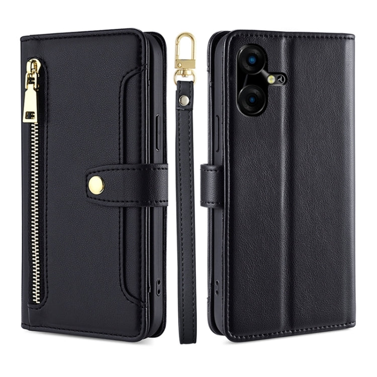 For Tecno Pova Neo 3 Sheep Texture Cross-body Zipper Wallet Leather Phone Case(Black) - Tecno Cases by PMC TechLife | Online Shopping South Africa | PMC TechLife | Buy Now Pay Later Mobicred