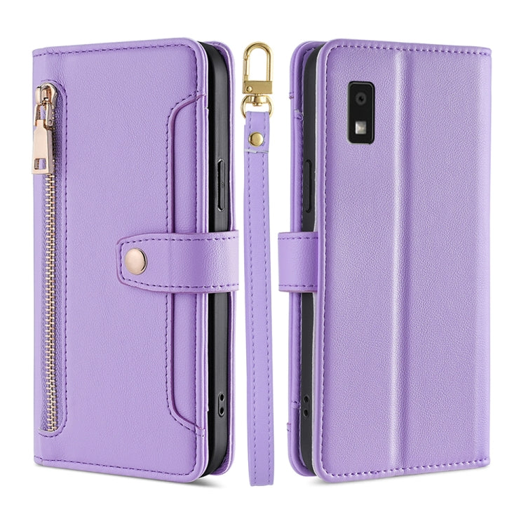For Sharp Aqous Wish3 Sheep Texture Cross-body Zipper Wallet Leather Phone Case(Purple) - More Brand by PMC TechLife | Online Shopping South Africa | PMC TechLife | Buy Now Pay Later Mobicred